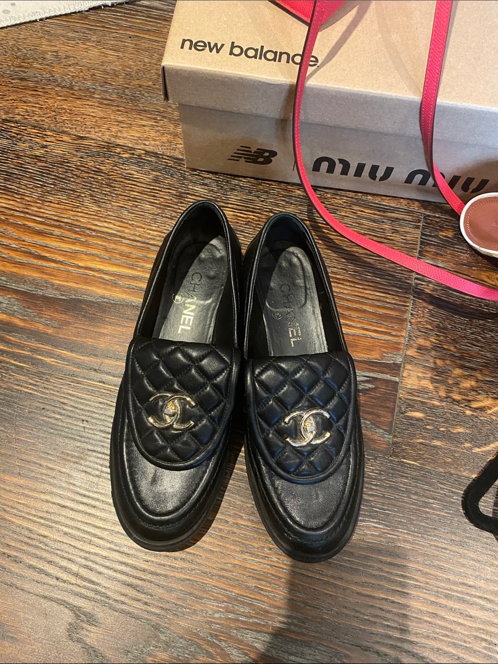 CHANEL Black Quilted Leather Loafers with Gold CC Hardware